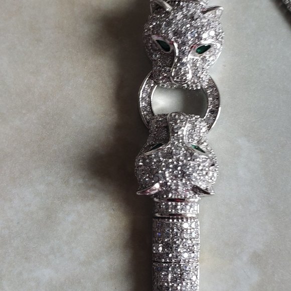Sterling silver - jaguar/ leopard / cat, double head, green eye bracelet - Picture 6 of 8
